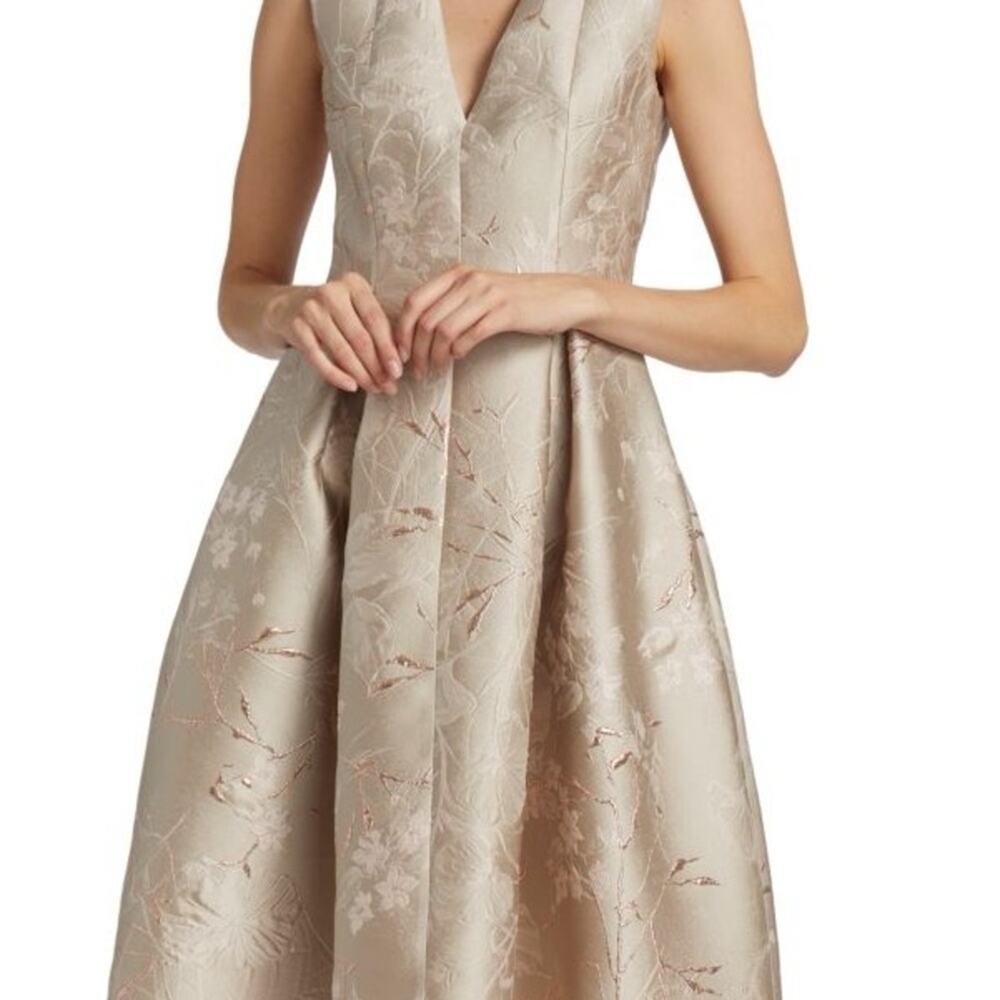 Kay Unger Champagne Jacquard Deep V A-Line Dress